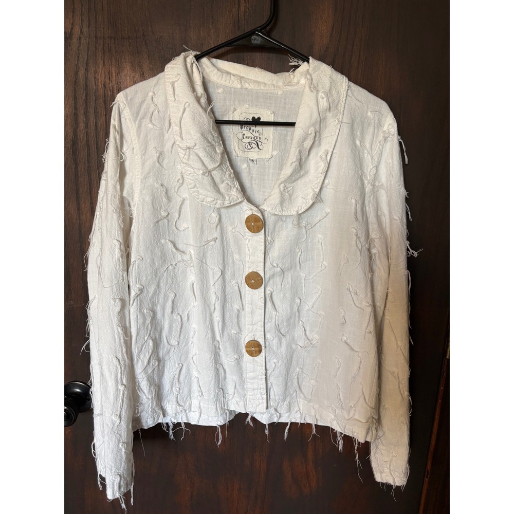 Produce Company White Eyelash Fringe Button Up Jacket Peter Pan Collar Small